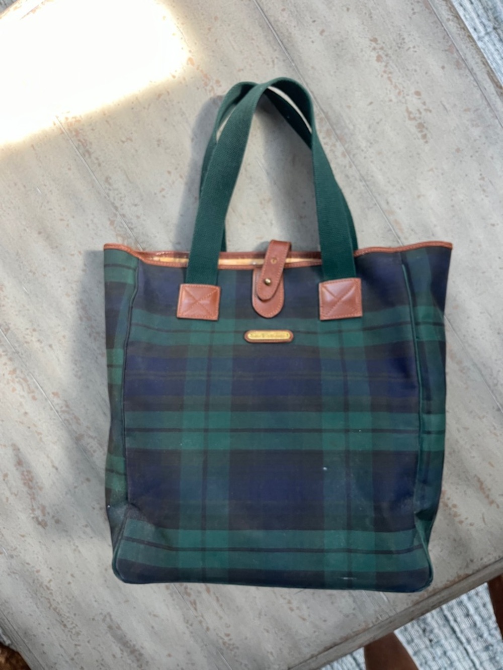 Polo Ralph Lauren Vintage Tartan Canvas Tote w/Leather Trim - Green Plaid